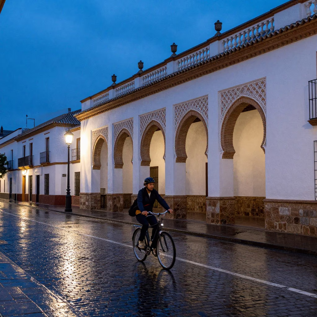 Blue Hour Street Scene in Granada Spain with Bicycle and Rain in in Granada, Spain