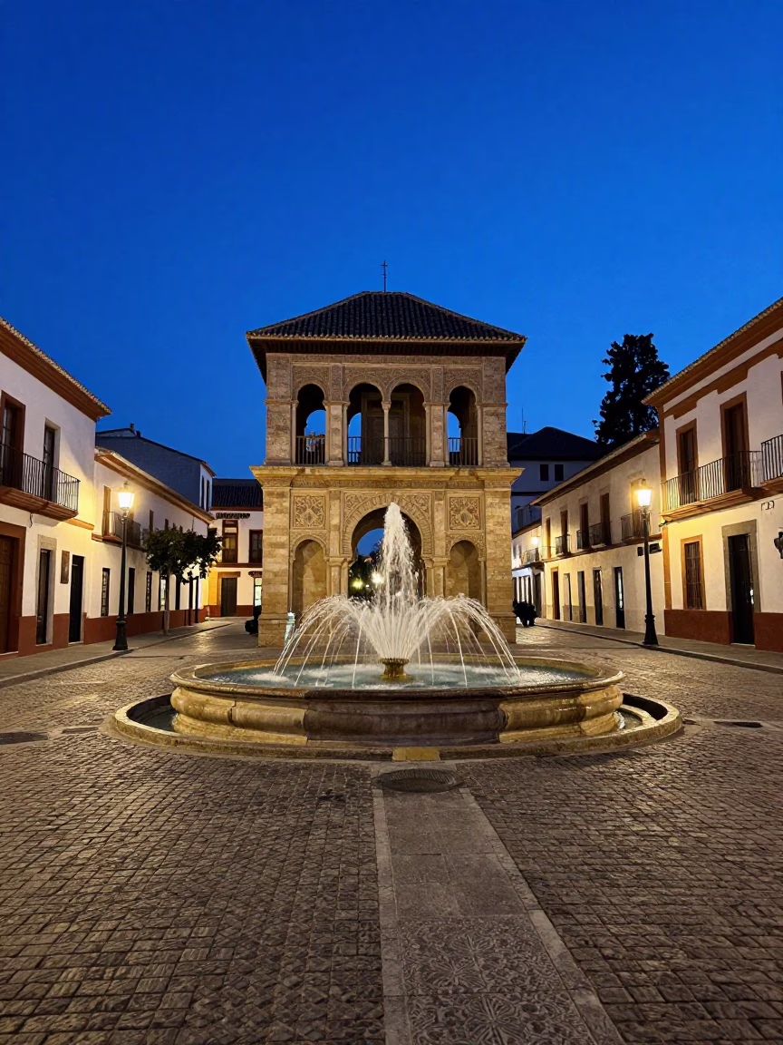 Blue Hour Street Scene in Granada Spain with Fountain Spray and Stone Architecture in in Granada, Spain