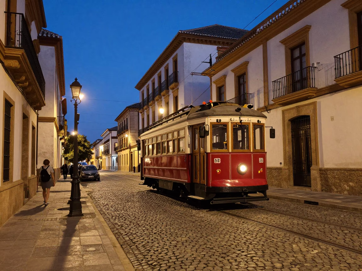 Blue Hour Street Scene in Granada Spain with Heritage Tram on Cobblestone Avenue in in Granada, Spain