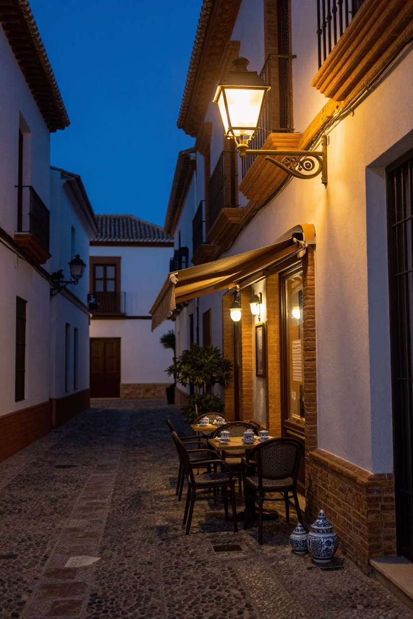 Blue Hour Street Scene in Granada Spain with Hurricane Lamp and Porcelain Tea Stains in in Granada, Spain