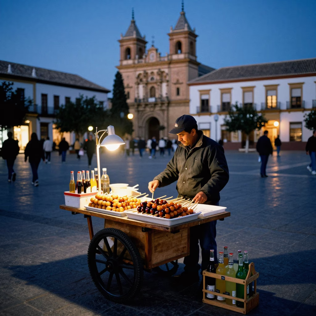 Blue Hour Street Scene in Granada Spain with Local Vendor and Traditional Items in in Granada, Spain