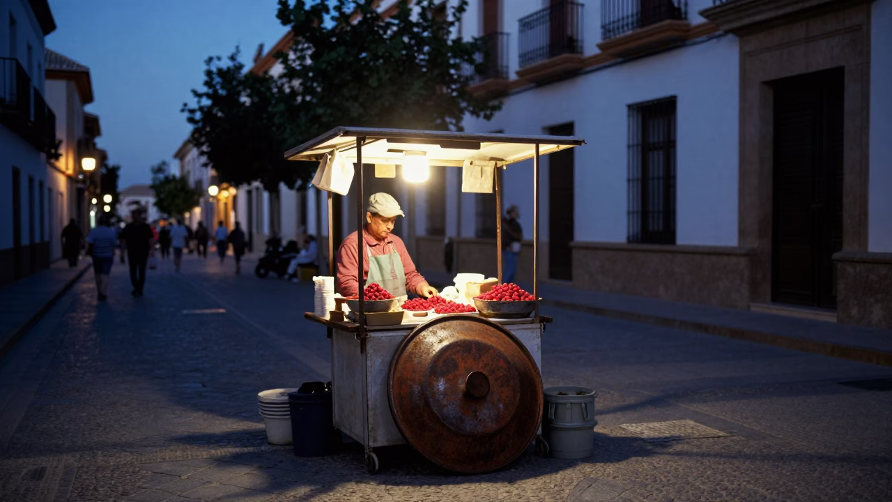 Blue Hour Street Scene in Granada Spain with Rusty Pot Lid and Raspberries in in Granada, Spain