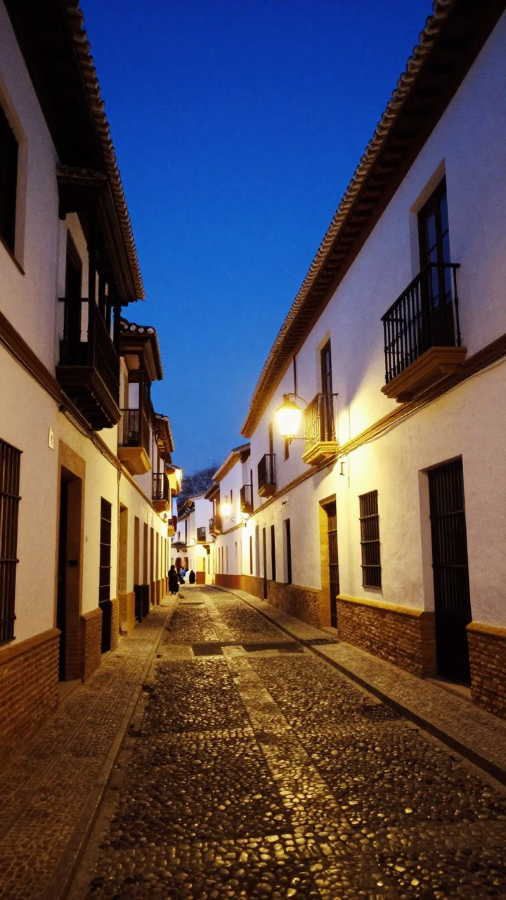 Blue Hour Street Scene in Granada Spain with Traditional Architecture and Evening Life in in Granada, Spain