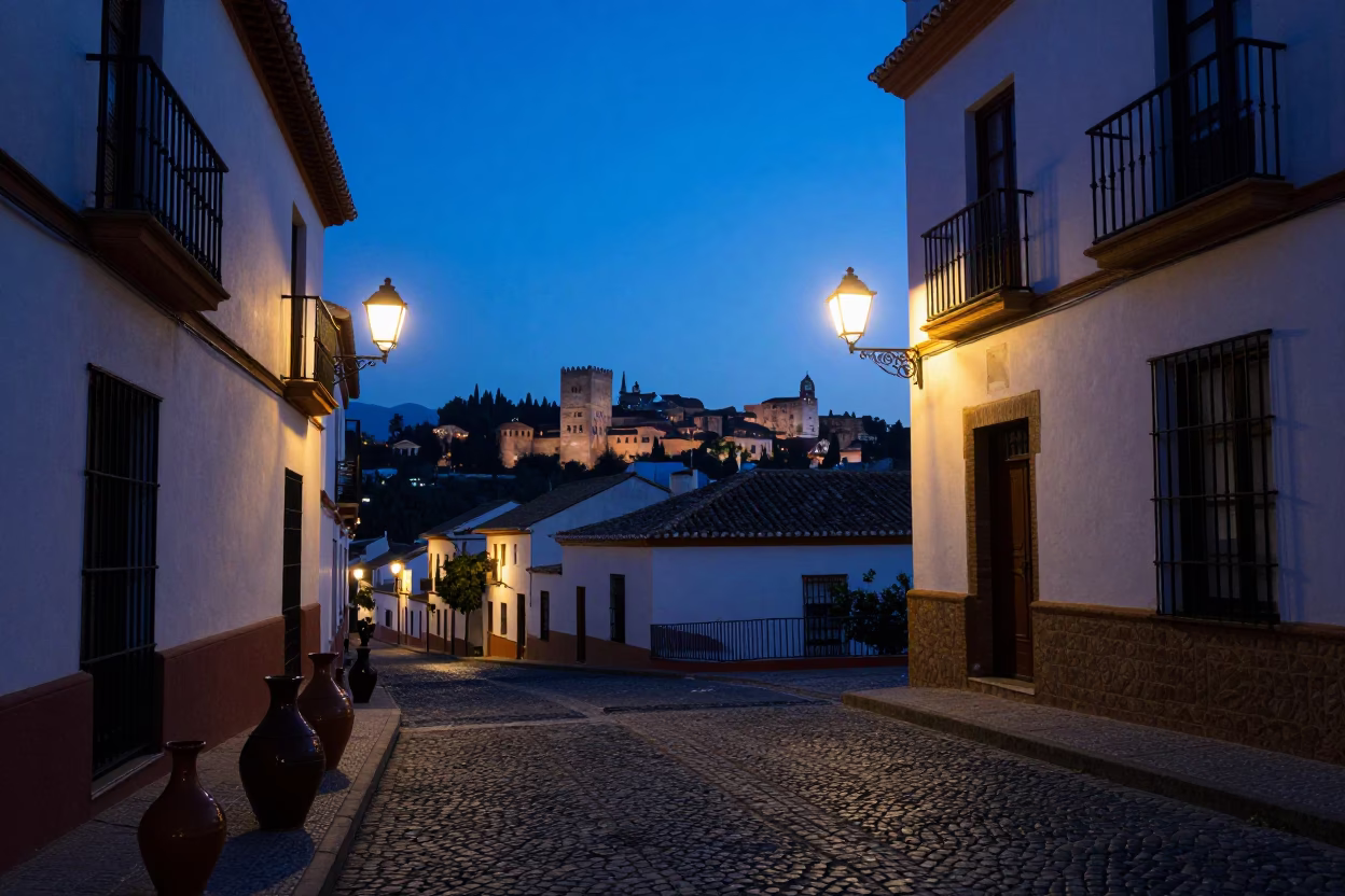 Blue Hour Street Scene in Granada Spain with Traditional Pottery and Evening Light in in Granada, Spain