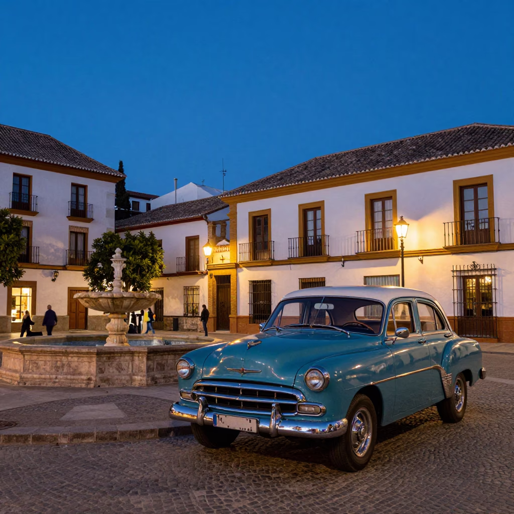 Blue Hour Street Scene in Granada Spain with Vintage 1960s Charm and Local Details in in Granada, Spain