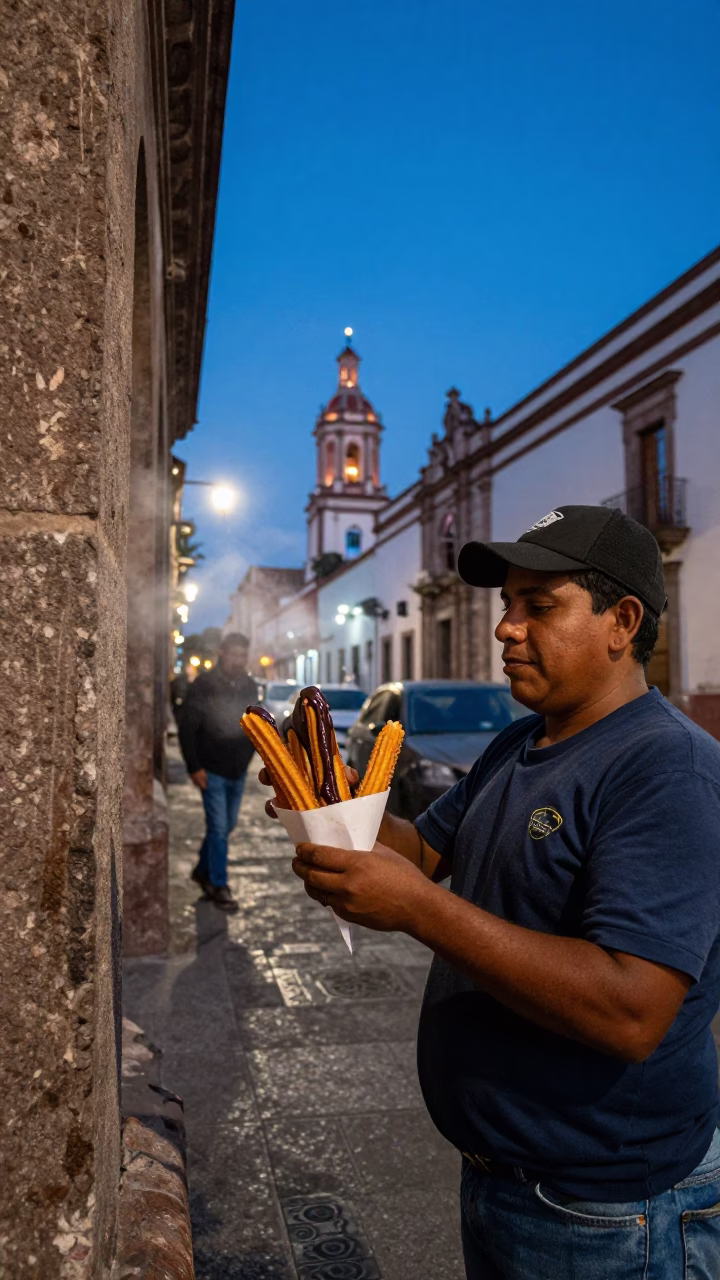 Blue Hour Street Scene in Guadalajara Mexico with Churros and Condensation in in Guadalajara, Mexico