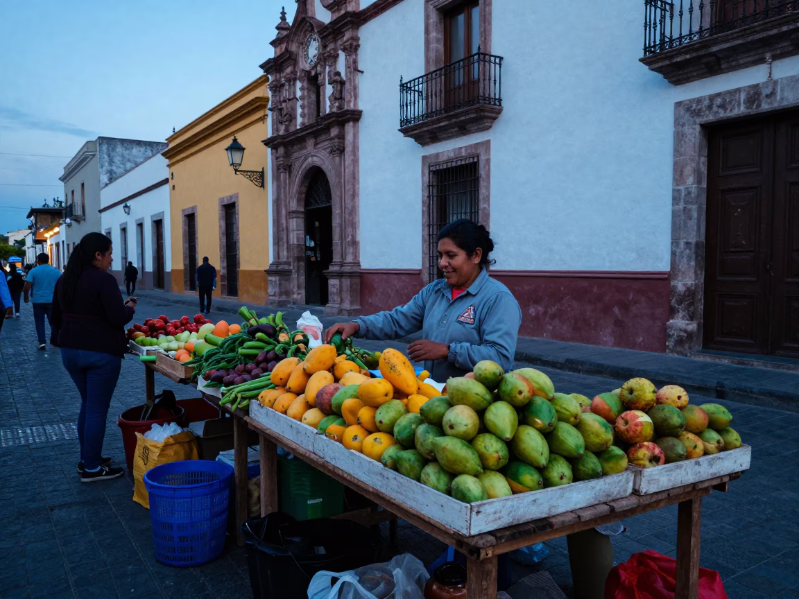 Blue Hour Street Scene in Guadalajara Mexico with Fruit Vendor in in Guadalajara, Mexico