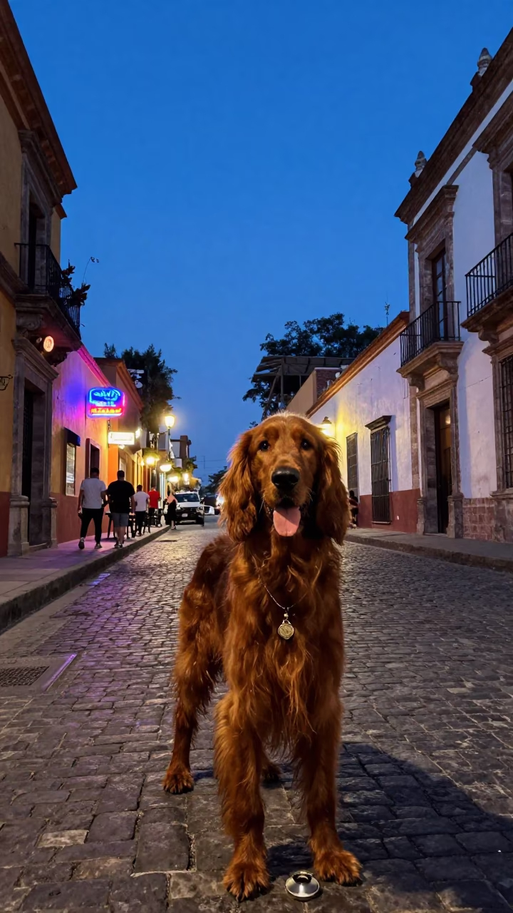 Blue Hour Street Scene in Guadalajara Mexico with Irish Setter and Locket in in Guadalajara, Mexico