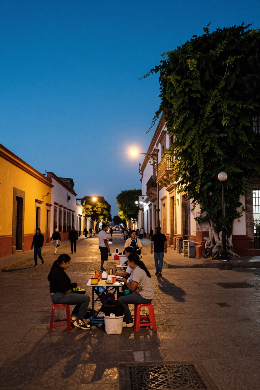 Blue Hour Street Scene in Guadalajara Mexico with Local Vendor and Ivy in in Guadalajara, Mexico
