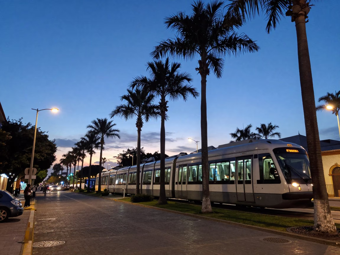 Blue Hour Street Scene in Guadalajara Mexico with Monorail and Palm Trees in in Guadalajara, Mexico