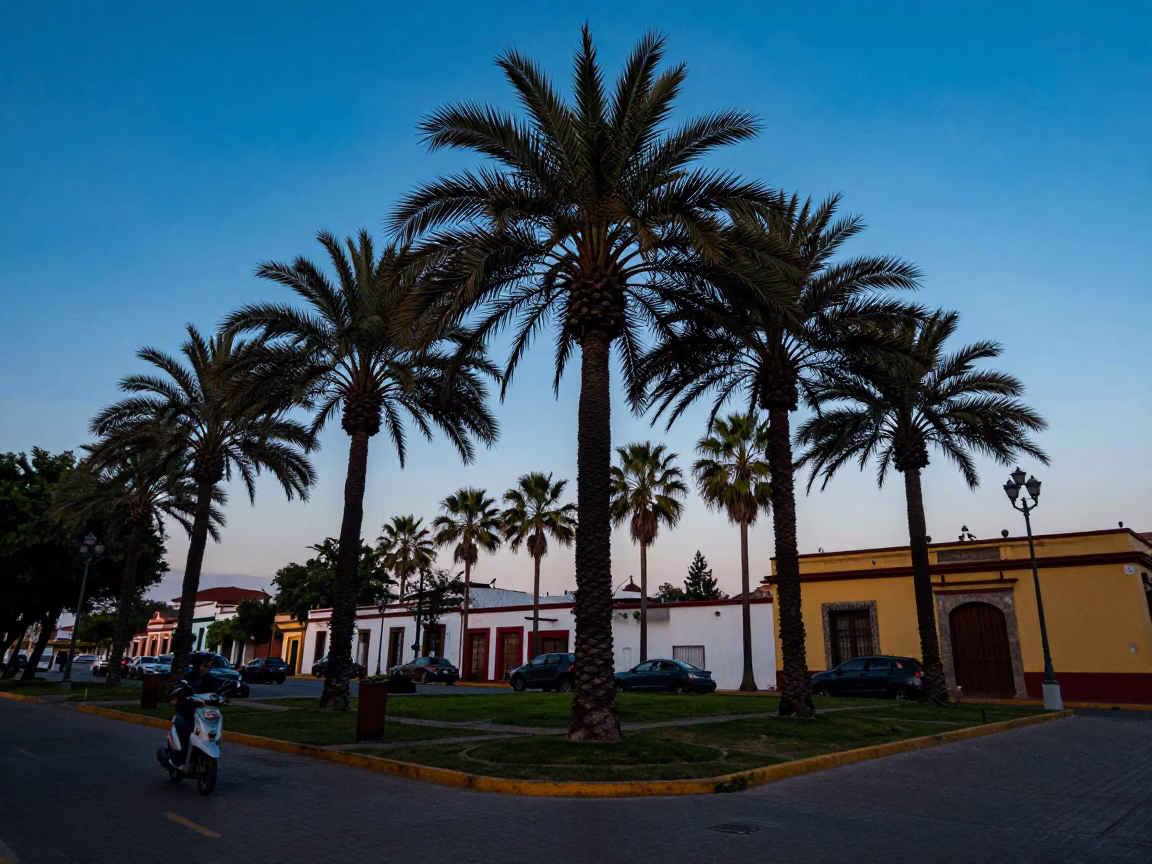 Blue Hour Street Scene in Guadalajara Mexico With Palm Trees and Scooter in in Guadalajara, Mexico