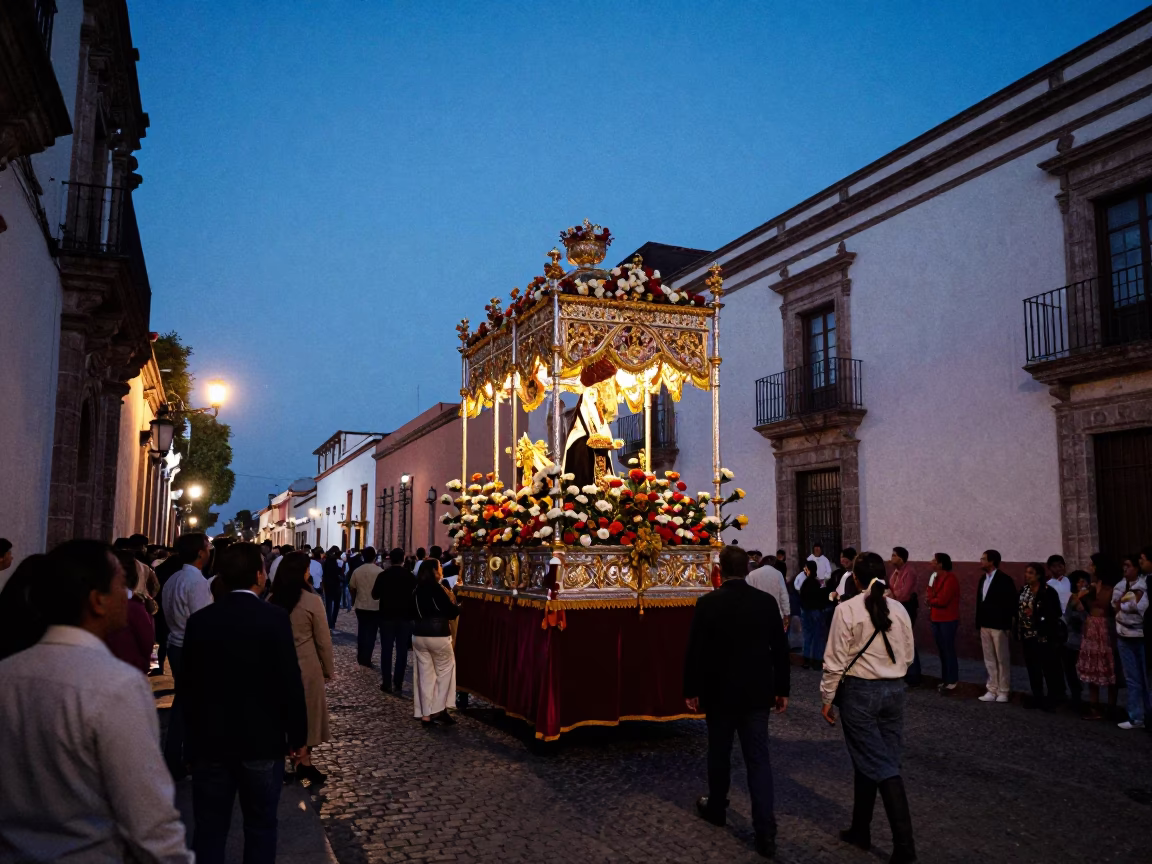 Blue Hour Street Scene in Guadalajara Mexico with Processional Float in in Guadalajara, Mexico