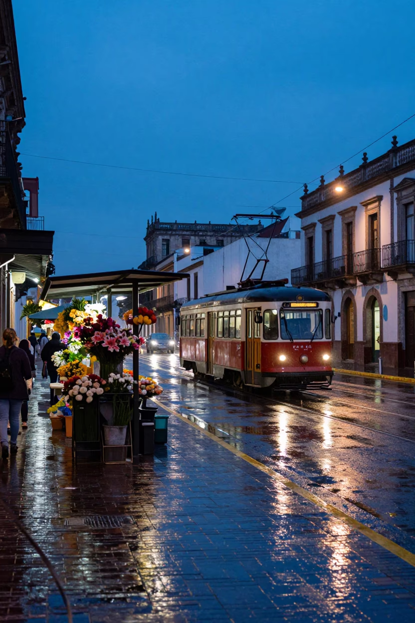 Blue Hour Street Scene in Guadalajara Mexico with Rain Wet Brick and Tram in in Guadalajara, Mexico