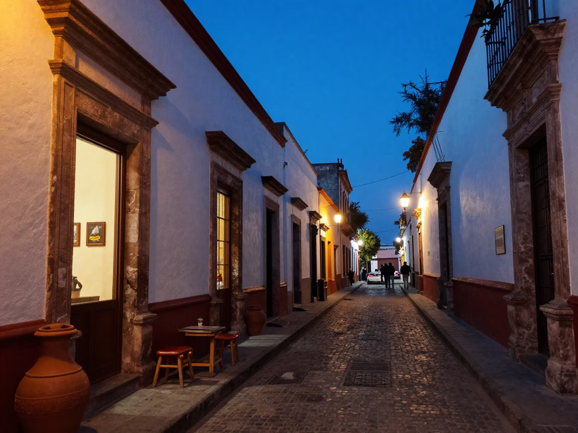 Blue Hour Street Scene in Guadalajara Mexico with Terracotta Pot and Stool in in Guadalajara, Mexico