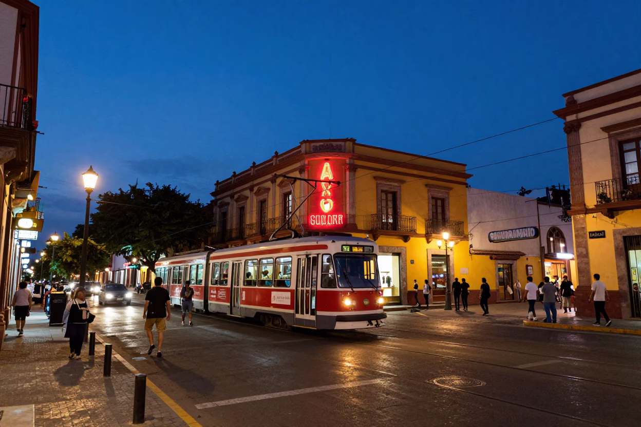Blue Hour Street Scene in Guadalajara Mexico with Tram and Neon Signs in in Guadalajara, Mexico