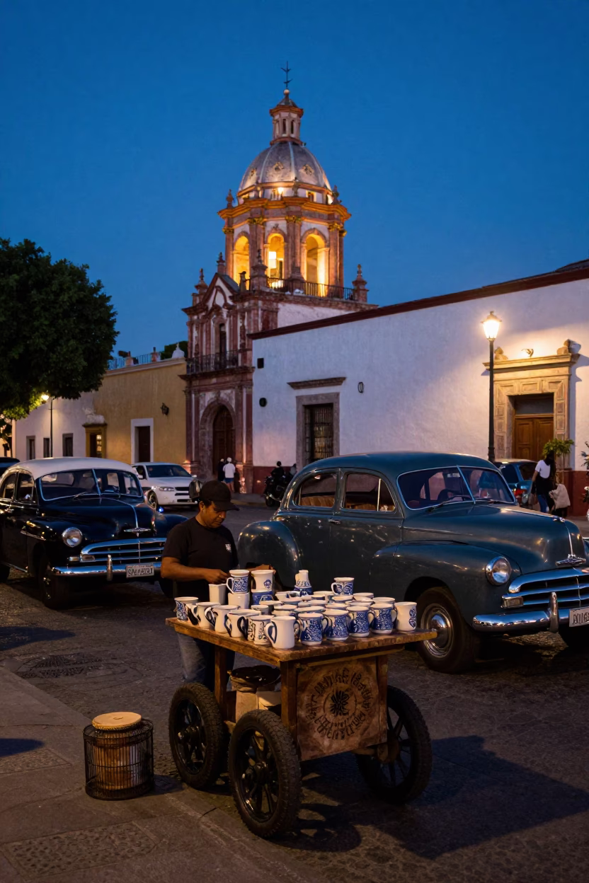 Blue Hour Street Scene in Guadalajara Mexico with Vintage Cars and Ceramic Mugs in in Guadalajara, Mexico