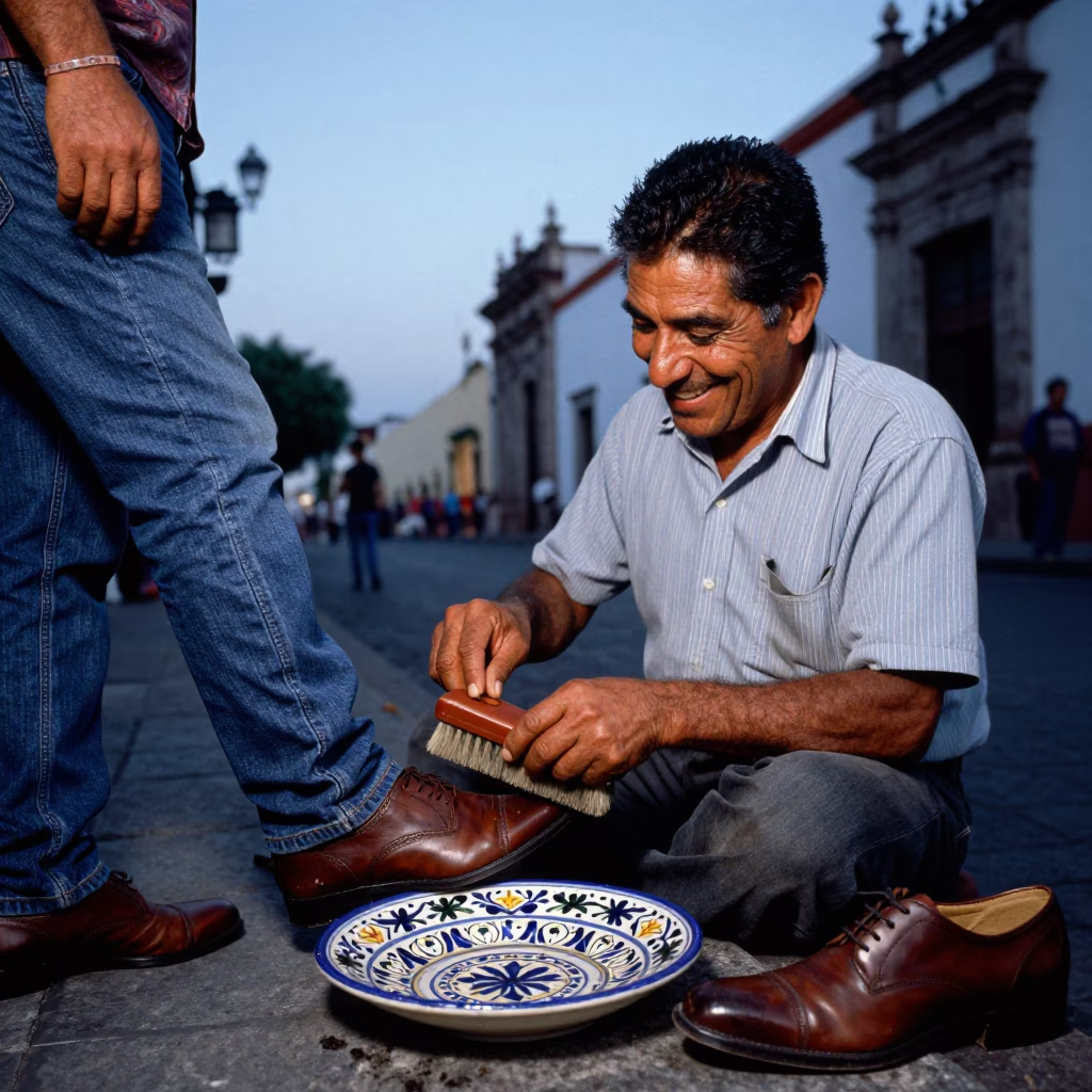 Blue Hour Street Scene in Guadalajara Mexico with Vintage Majolica Plate and Shoe Brush in in Guadalajara, Mexico