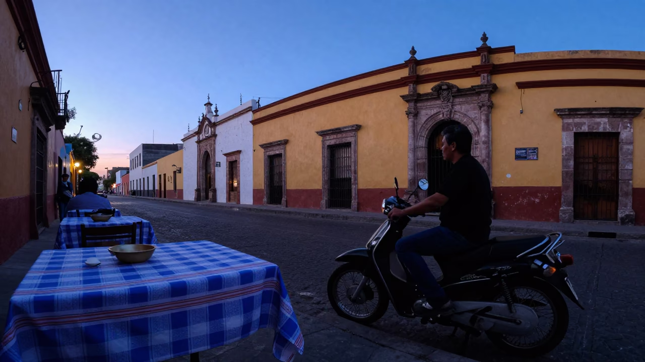 Blue Hour Street Scene in Guadalajara Mexico with Vintage Motorcycle and Tablecloth in in Guadalajara, Mexico