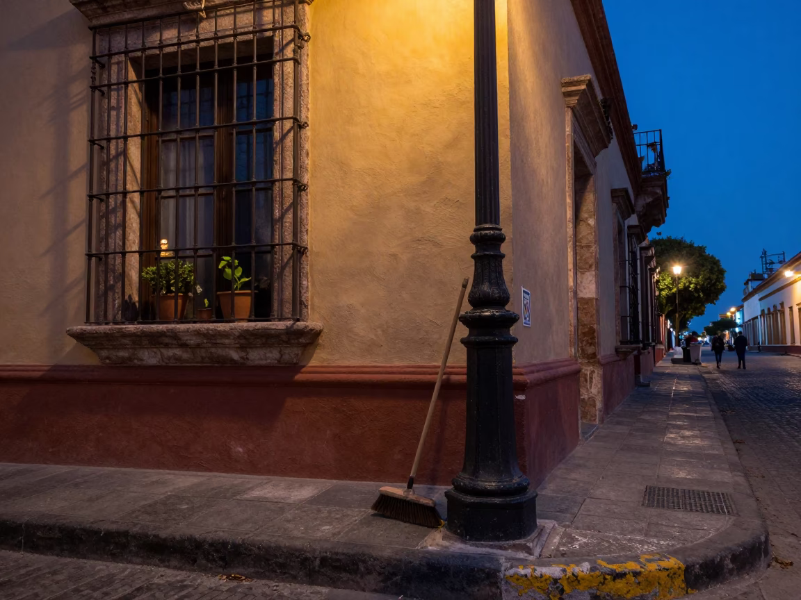 Blue Hour Street Scene in Guadalajara Mexico with Window Box and Brush in in Guadalajara, Mexico