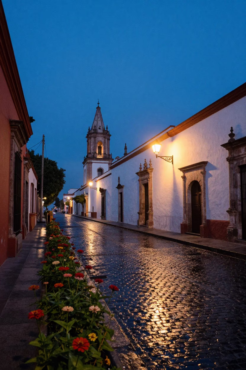 Blue Hour Street Scene in Guadalajara Mexico with Zinnias and Colonial Architecture in in Guadalajara, Mexico