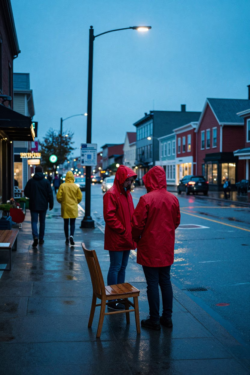 Blue Hour Street Scene in Halifax with Colorful Raincoats and Chair in in Halifax, Nova Scotia, Canada