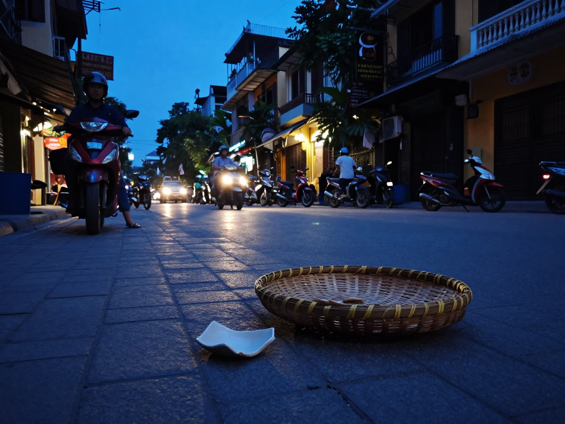 Blue Hour Street Scene in Hanoi Vietnam with Basket Tray and Pottery Shard in in Hanoi, Vietnam