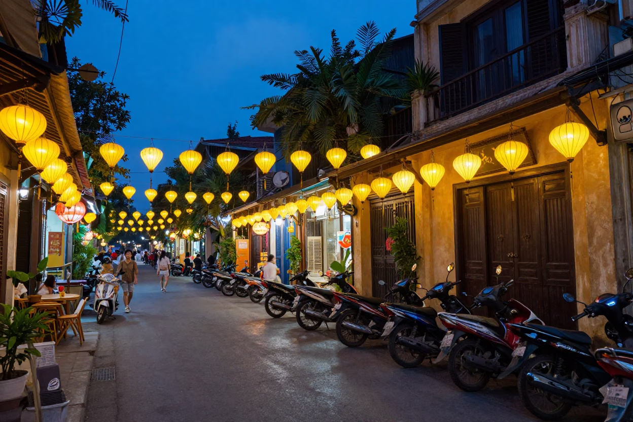 Blue Hour Street Scene in Hanoi Vietnam with Hanging Lanterns and Motorbikes in in Hanoi, Vietnam