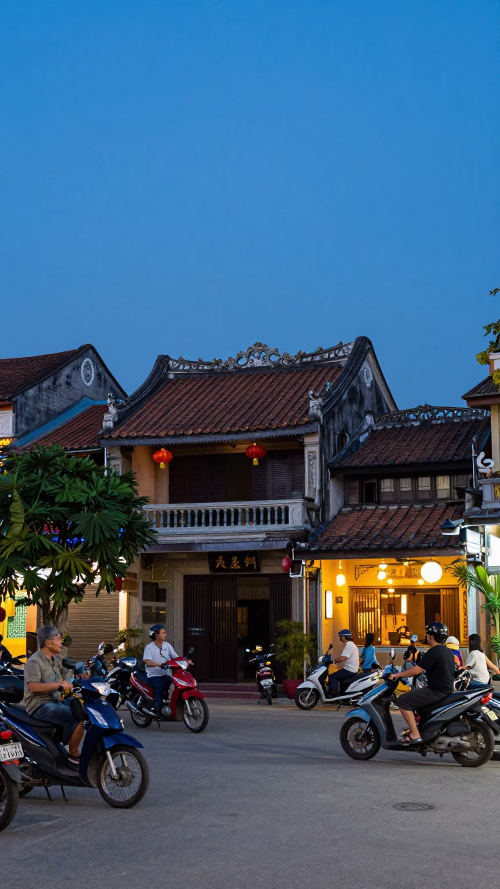 Blue Hour Street Scene in Hanoi Vietnam with Motorbikes and Traditional Architecture in in Hanoi, Vietnam