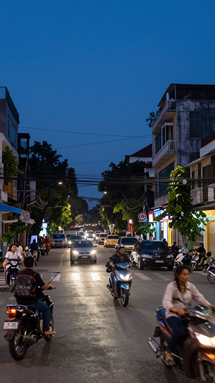 Blue Hour Street Scene in Hanoi Vietnam with Overpass Traffic and Urban Details in in Hanoi, Vietnam