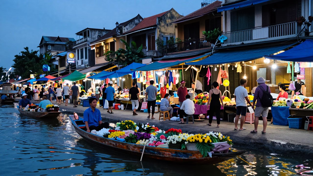 Blue Hour Street Scene in Hanoi Vietnam with Sampan and Market Activity in in Hanoi, Vietnam