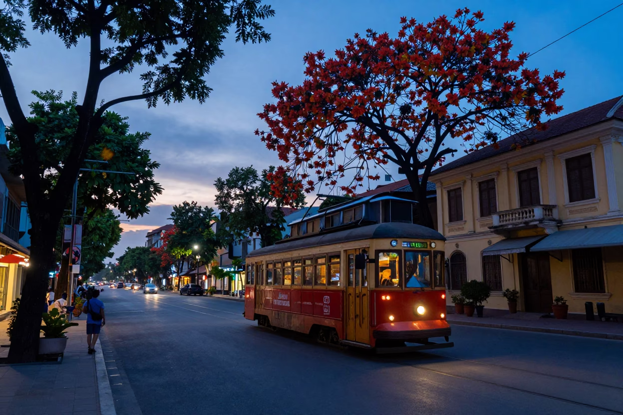 Blue Hour Street Scene in Hanoi Vietnam with Tramcar and Flame Tree in in Hanoi, Vietnam