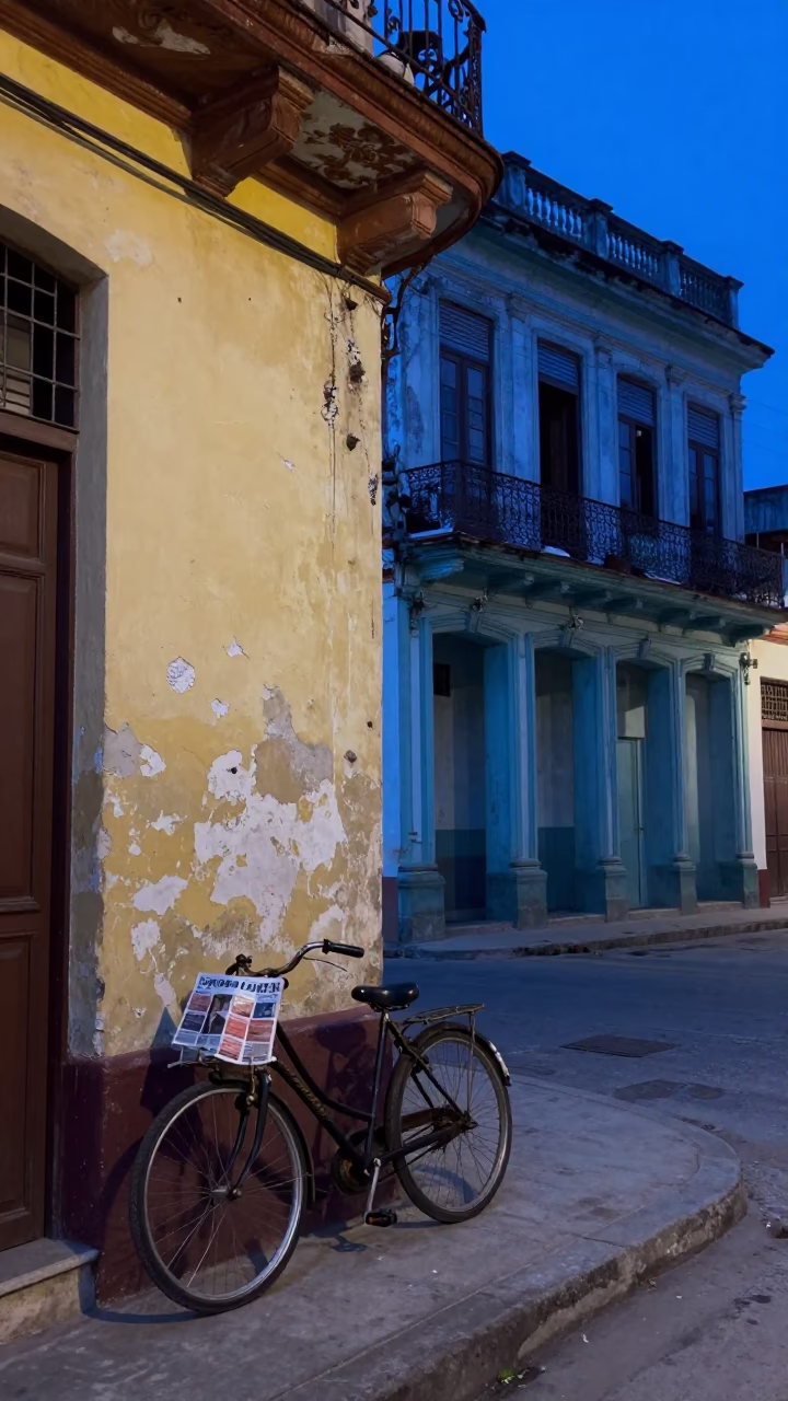 Blue Hour Street Scene in Havana Cuba With Bicycle and Magazine Rack in in Havana, Cuba