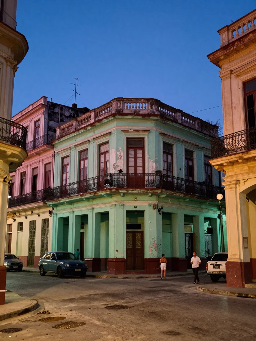 Blue Hour Street Scene in Havana Cuba with Colorful Building Facades and Daily Life in in Havana, Cuba