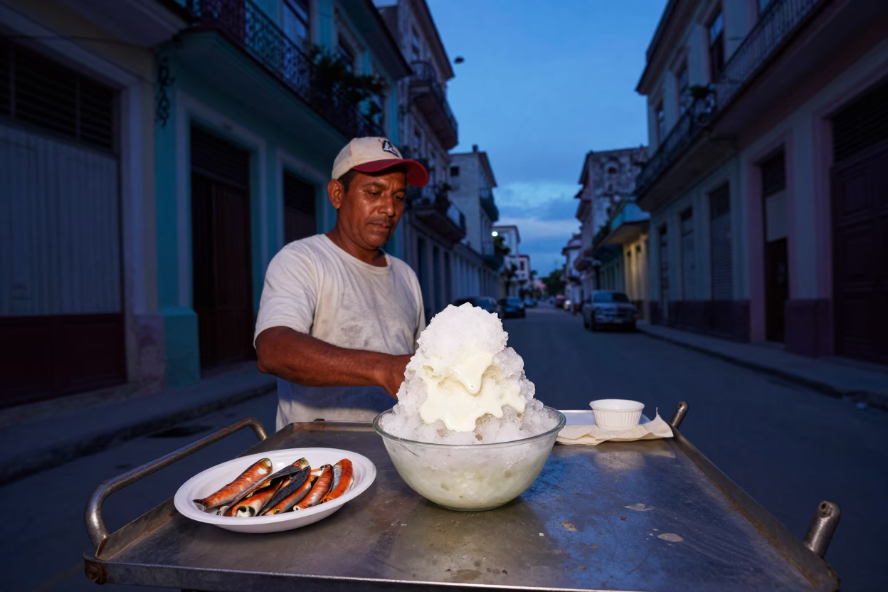 Blue Hour Street Scene in Havana Cuba with Condensed Milk and Sardines in in Havana, Cuba