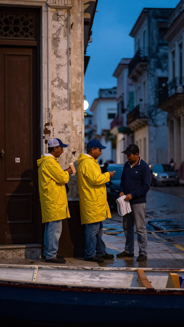 Blue Hour Street Scene in Havana Cuba with Raincoats and Rowing Boat in in Havana, Cuba
