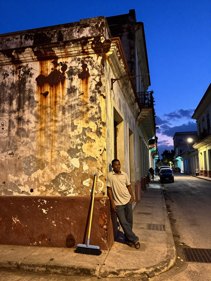 Blue Hour Street Scene in Havana Cuba with Rusty Wall and Clothes Brush in in Havana, Cuba