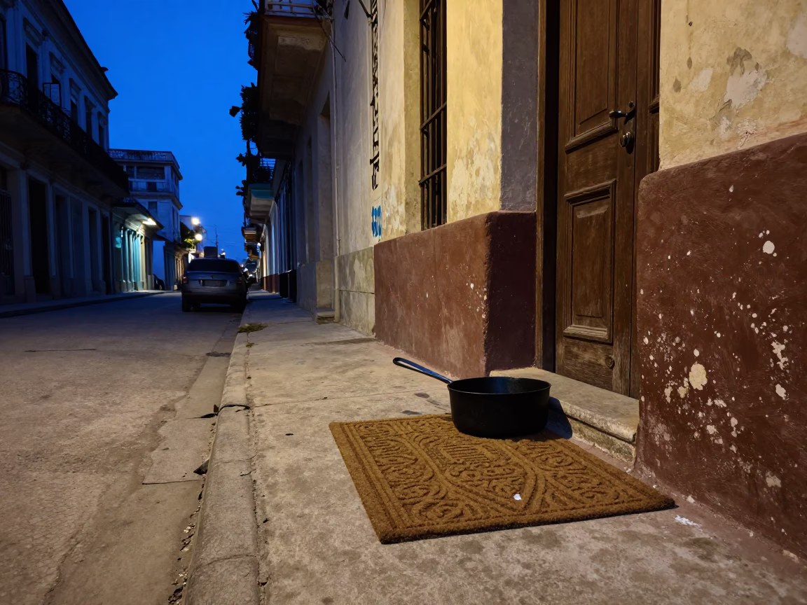Blue Hour Street Scene in Havana Cuba with Saucepan and Door Mat in in Havana, Cuba