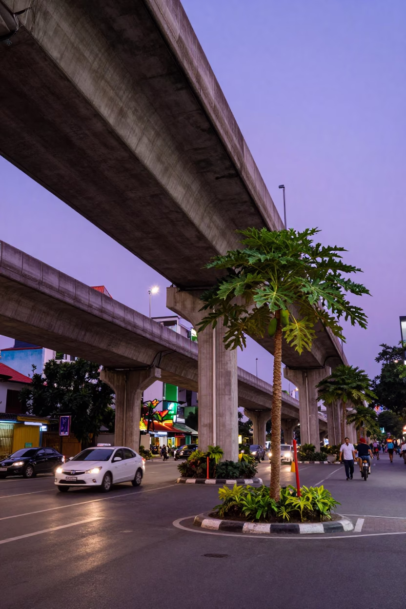 Blue Hour Street Scene in Ho Chi Minh City Vietnam Overpass and Papaya Tree in in Ho Chi Minh City, Vietnam