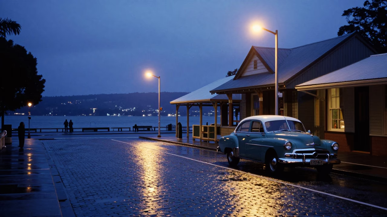 Blue Hour Street Scene in Hobart Tasmania Australia with Vintage Cars and Historic Architecture in in Hobart, Tasmania, Australia