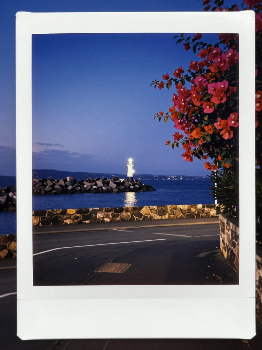 Blue Hour Street Scene in Hobart Tasmania with Bougainvillea and Breakwater Beacon in in Hobart, Tasmania, Australia