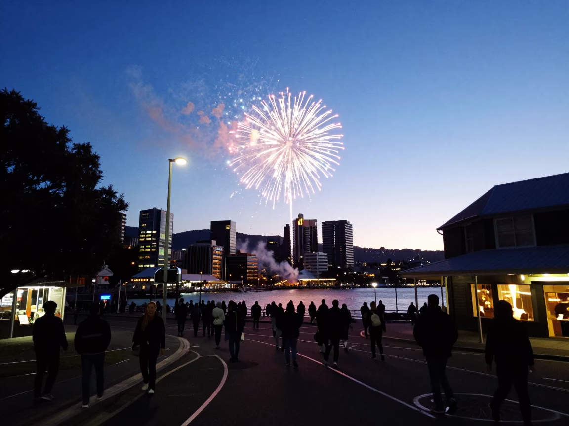 Blue Hour Street Scene in Hobart Tasmania with Fireworks Over the Harbor in in Hobart, Tasmania, Australia