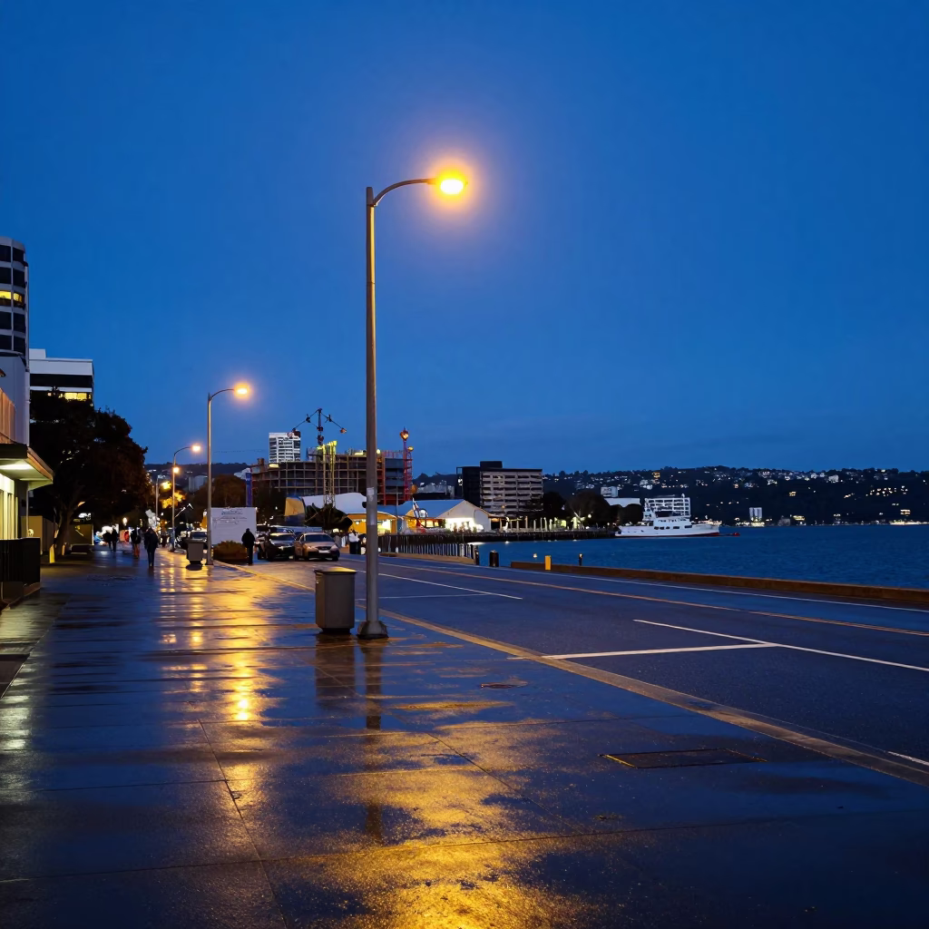 Blue Hour Street Scene in Hobart Tasmania with Lantern and Construction Site in in Hobart, Tasmania, Australia