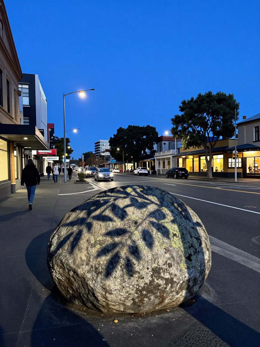 Blue Hour Street Scene in Hobart Tasmania with Lichen Boulder and Leaf Shadows in in Hobart, Tasmania, Australia