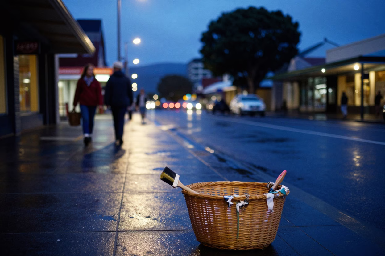 Blue Hour Street Scene in Hobart Tasmania with Mending Basket and Brush in in Hobart, Tasmania, Australia