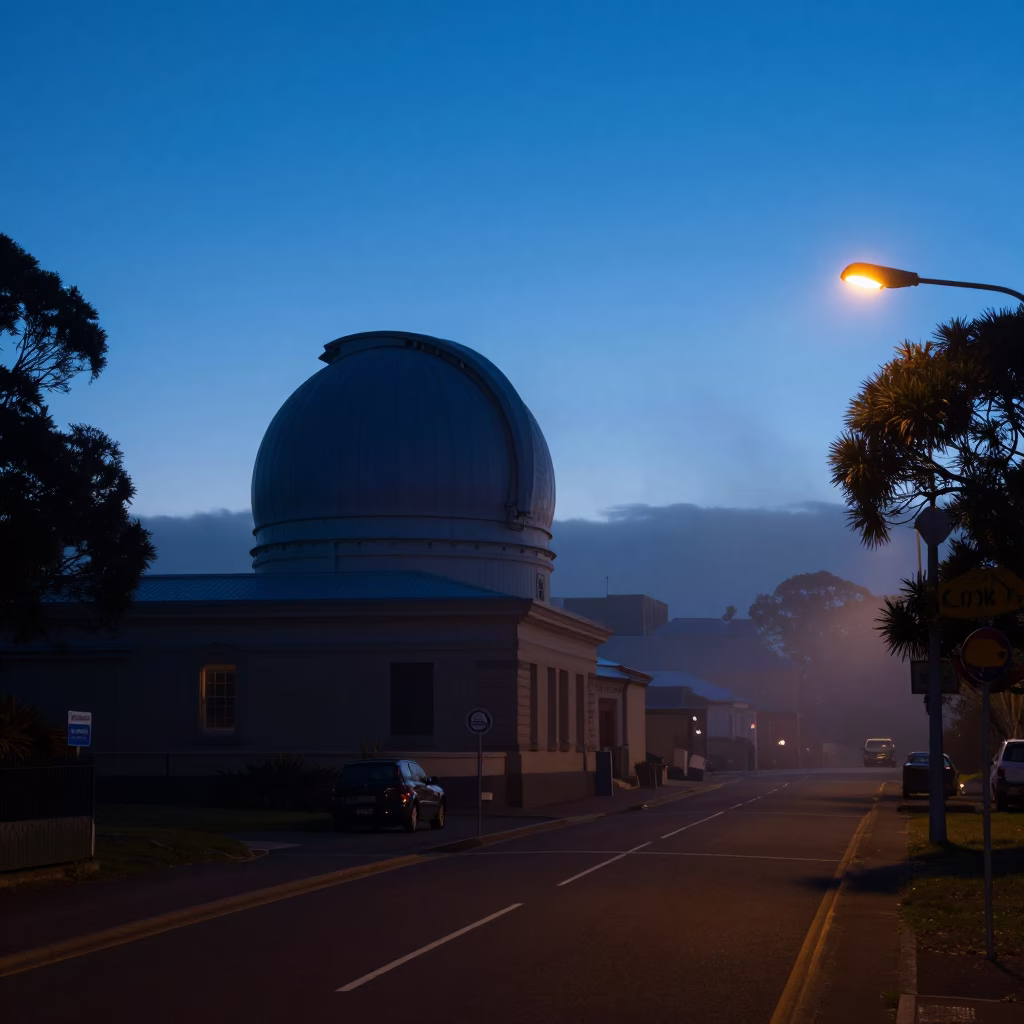 Blue Hour Street Scene in Hobart Tasmania with Observatory Silhouette in in Hobart, Tasmania, Australia