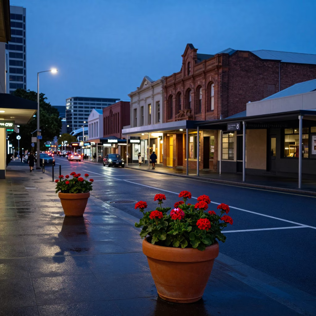 Blue Hour Street Scene in Hobart Tasmania with Potted Geraniums and Urban Architecture in in Hobart, Tasmania, Australia