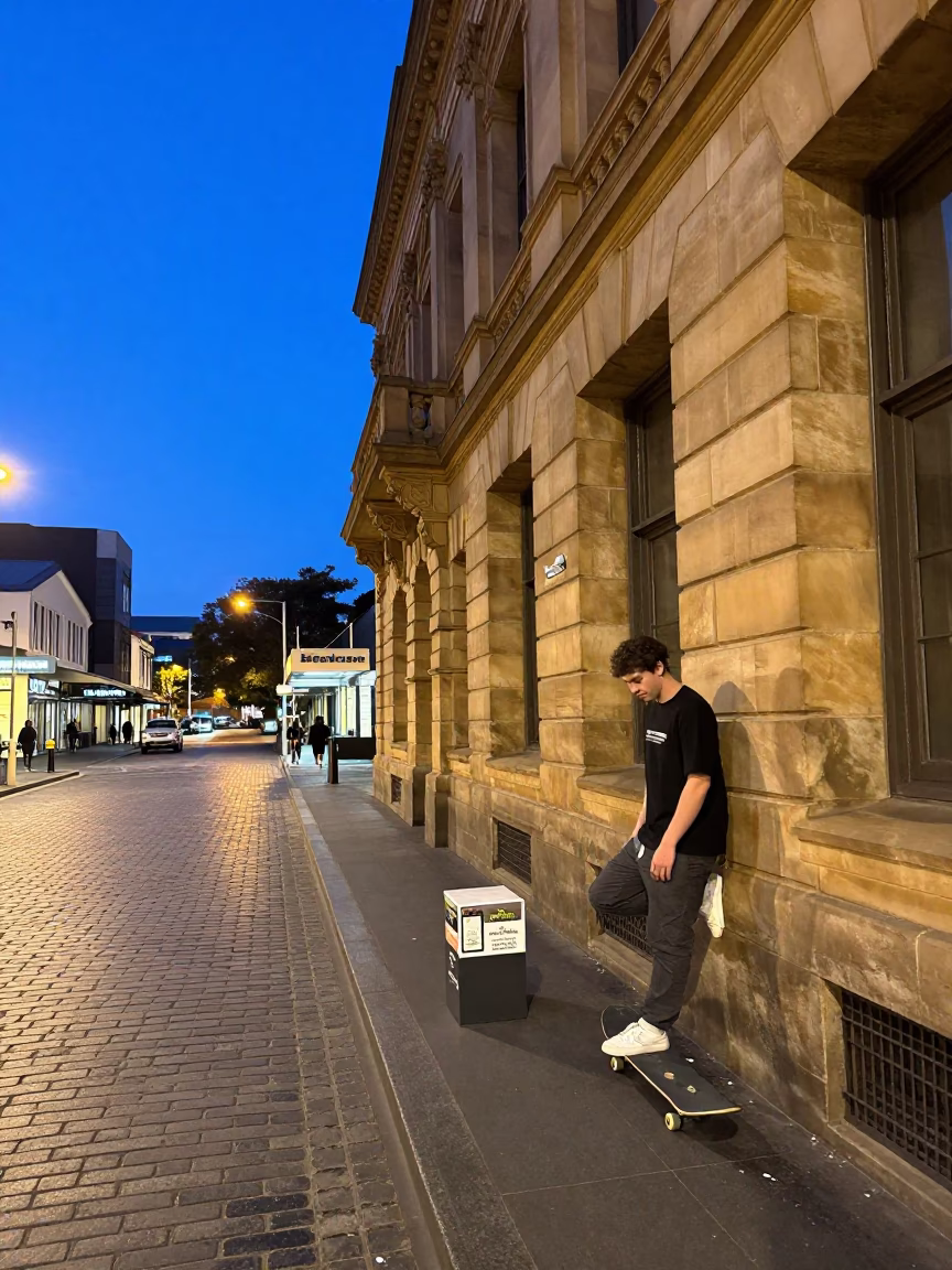 Blue Hour Street Scene in Hobart Tasmania with Skateboard and Hatbox in in Hobart, Tasmania, Australia