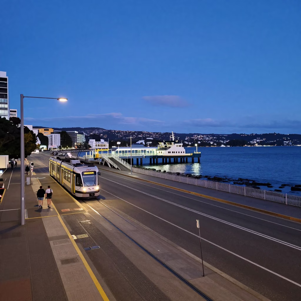 Blue Hour Street Scene in Hobart Tasmania with Tram and Ferry Ramp in in Hobart, Tasmania, Australia