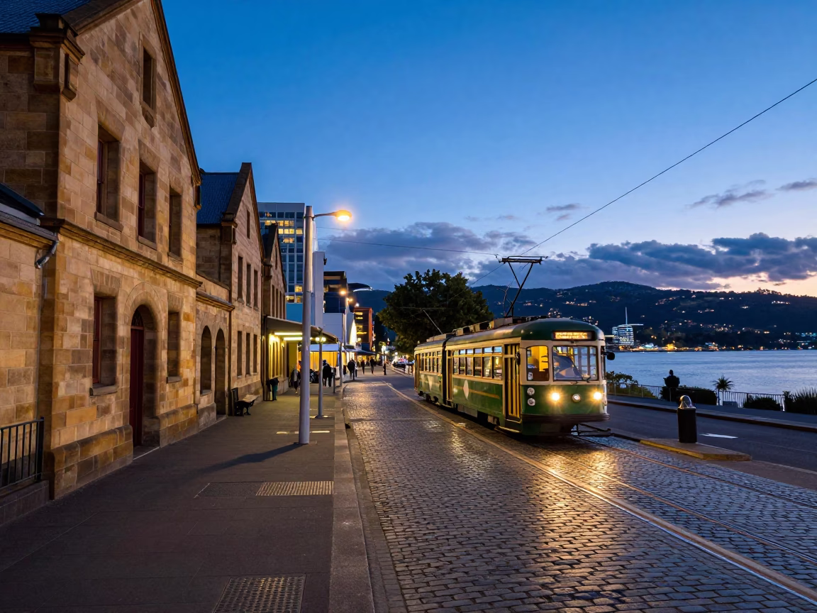 Blue Hour Street Scene in Hobart Tasmania with Tram and Waterfront Views in in Hobart, Tasmania, Australia