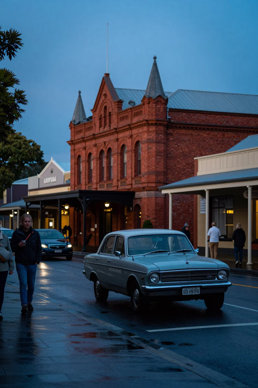 Blue Hour Street Scene in Hobart Tasmania with Vintage Car and Local Activity in in Hobart, Tasmania, Australia